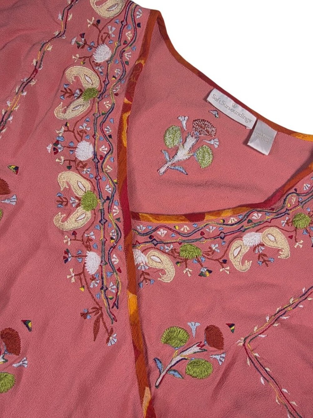 Soft Surroundings Embroidered Pink Boho V-Neck Long Sleeve Top Large